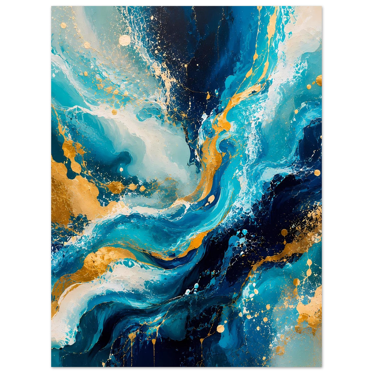 Abstraktes Kunstposter vertikal mit geschwungenen Blauflächen, goldenen Sprenkeln und dunklen Akzenten