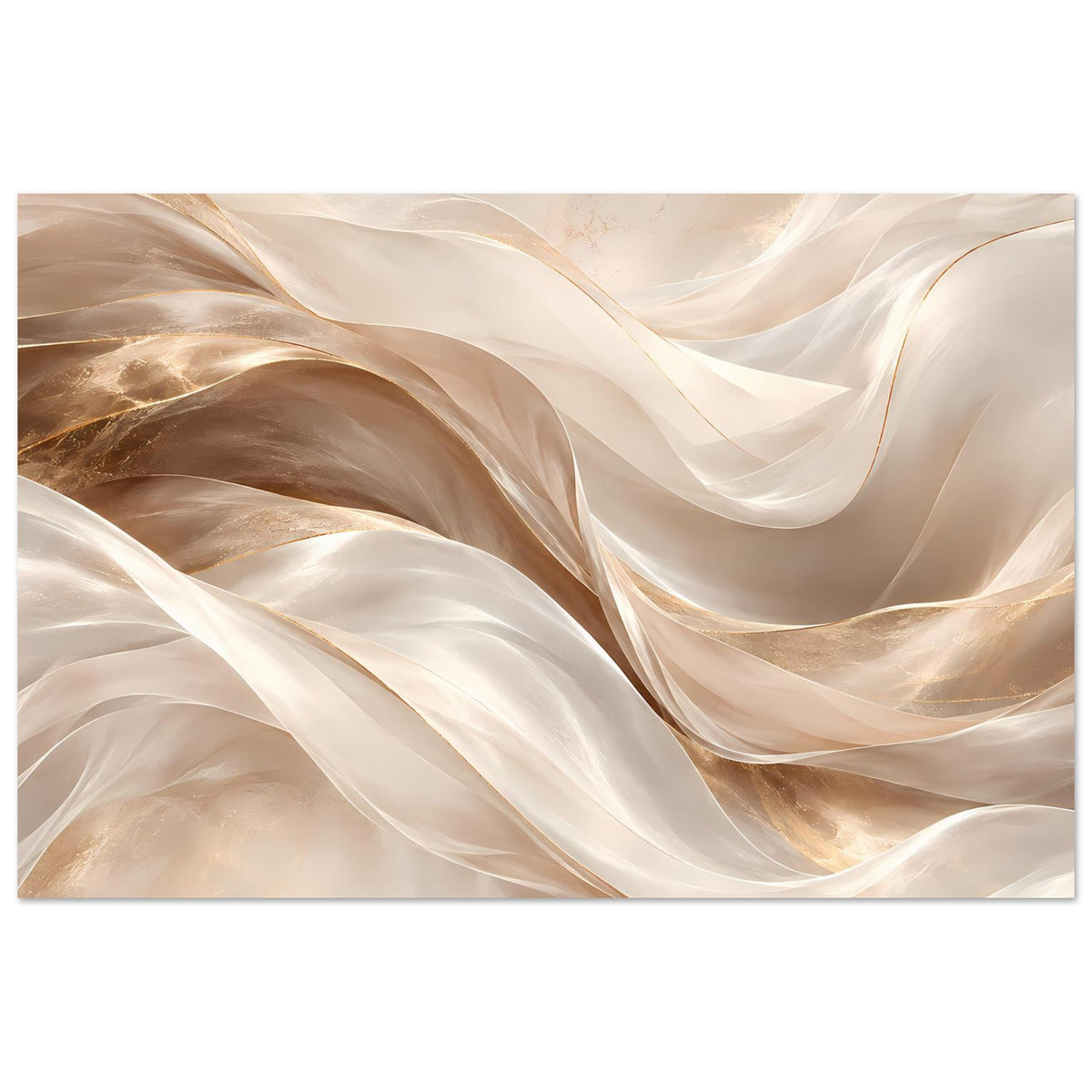 Abstraktes Poster mit sanften Wellen in Creme, Beige und Gold, Querformat