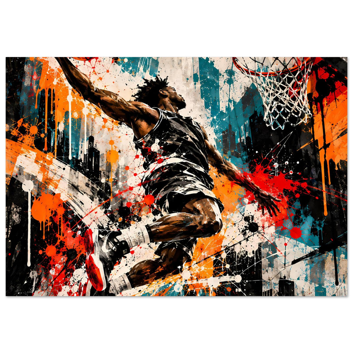 Basketball-Poster, Querformat: schwarzer Spieler in Aktionspose, Korbnetz und Ball
