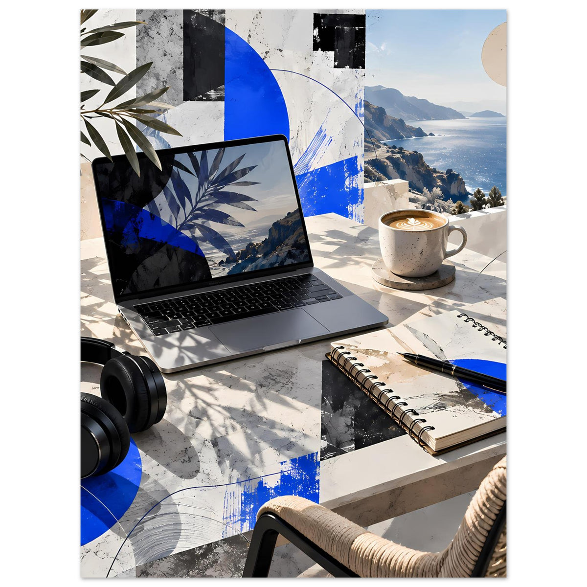 Küstenposter mit blauem Abstractmotiv, Meer- und Bergansicht, Laptop und Tasse