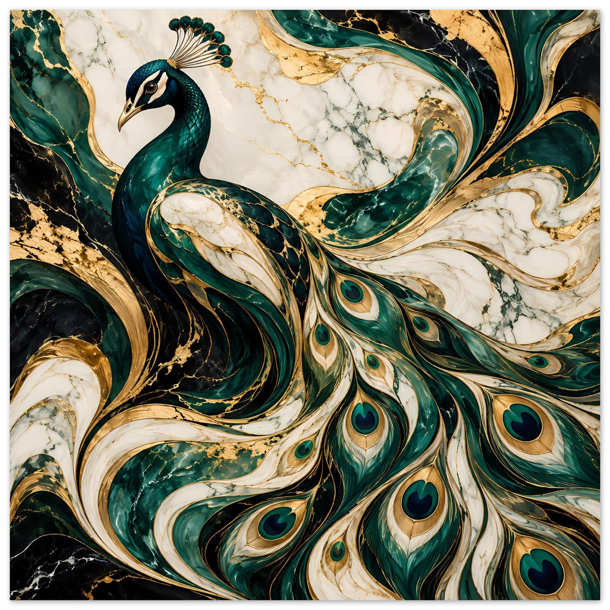 Pfau-Motivposter mit smaragdgrünen Federn und goldenen Akzenten, dekorative Pfauenaugen