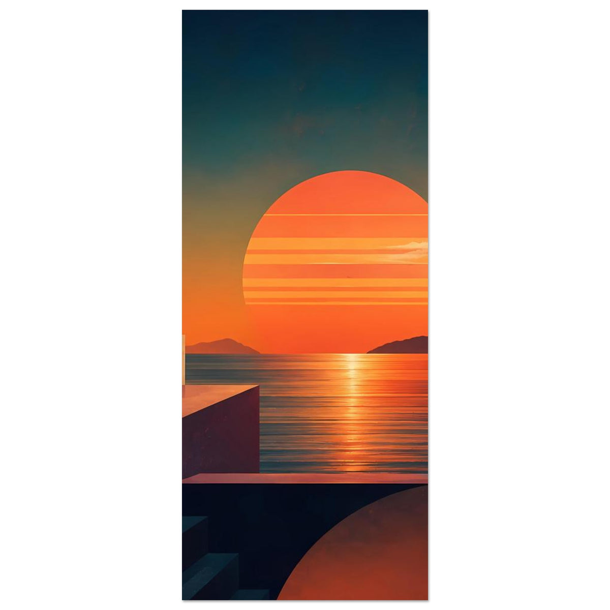 Küstenlandschaft-Poster im Hochformat: orange Kreis-Sonne, Meer, abstrakte Blockformen links