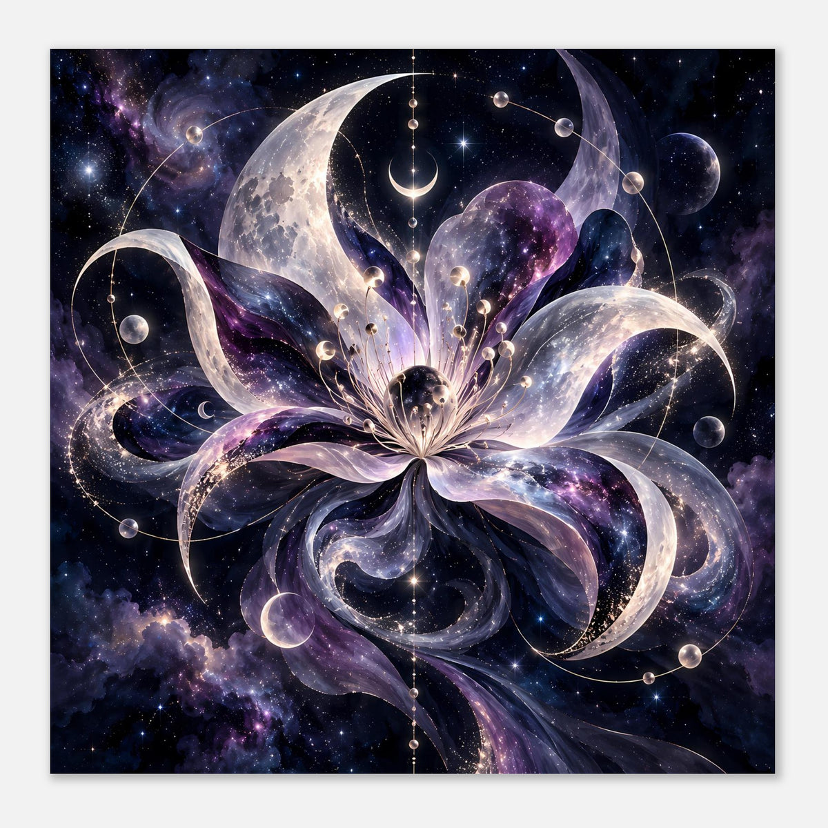Kosmische Blüte mit Monden, Planeten und Sternen in violett-blauem Weltraum – Motivansicht 48