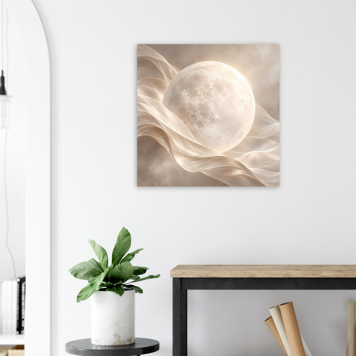 Quadratischer Kunstdruck mit leuchtendem Mond und weichen Stofffalten, Beige