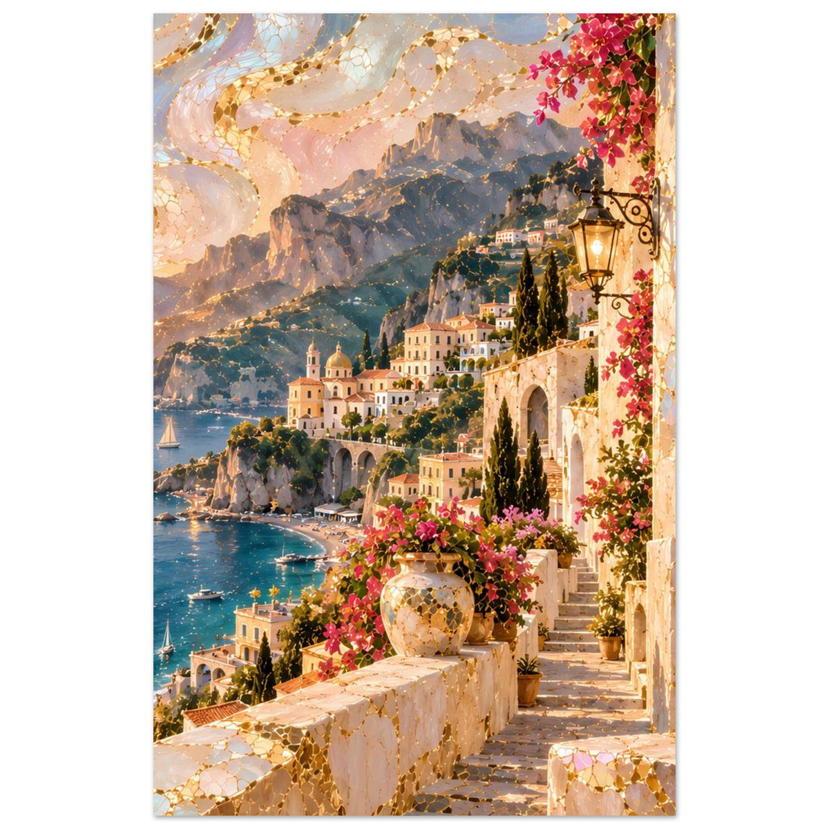 Küstenposter im Hochformat mit Felsenbucht, Segelbooten, Häusern, Blumen und Laterne