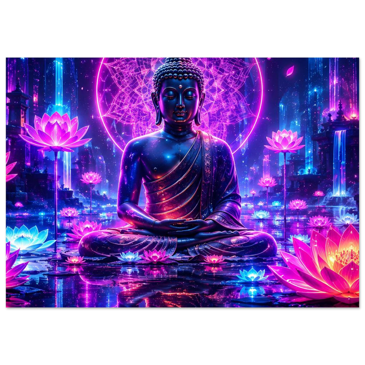 Buddha im Lotussitz vor Neon-Lotusmeer, magentafarbener Heiligenschein und leuchtender Ring