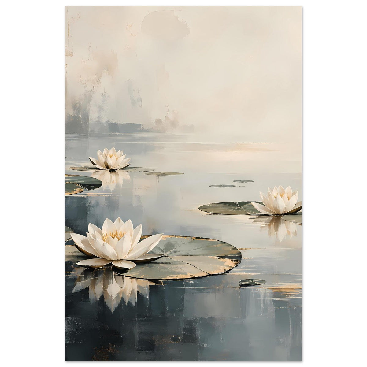 Seerosen-Poster mit drei weißen Blüten auf ruhigem Wasser, neutrale Töne und Spiegelungen