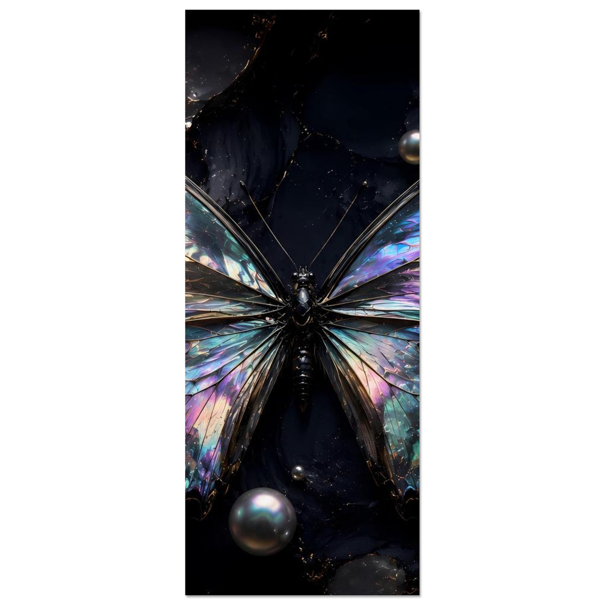 Hochformat-Poster mit schillerndem Schmetterling, dunkles Motiv mit Kugel-Highlights