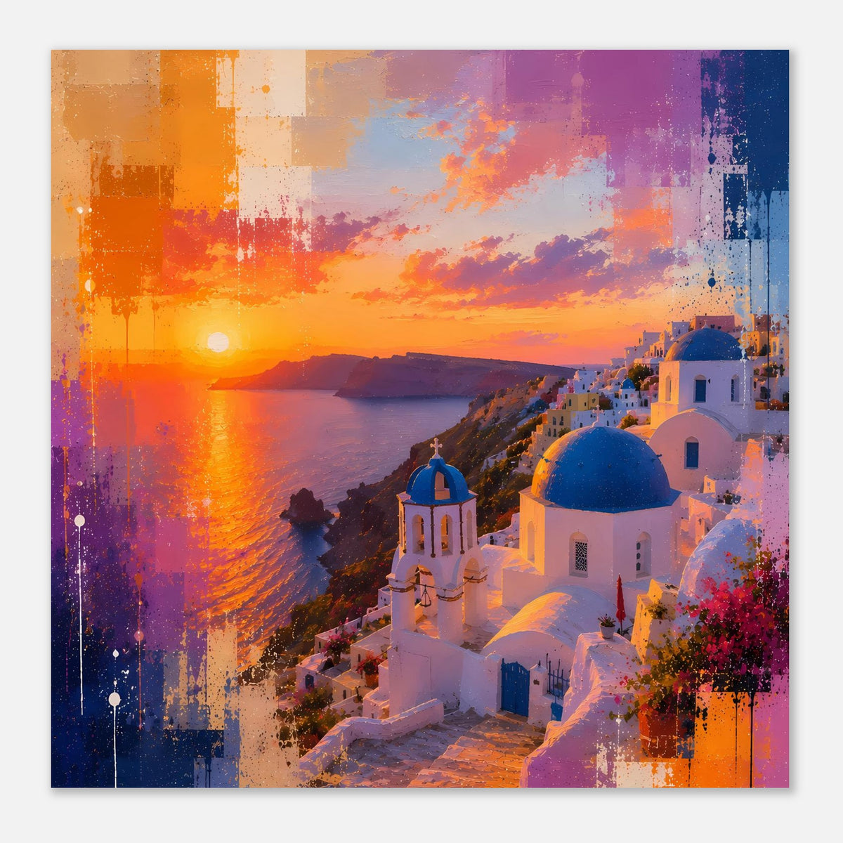 Santorini-Sonnenuntergangs-Poster mit weißer Kirche, blauer Kuppel und ruhigem Meer