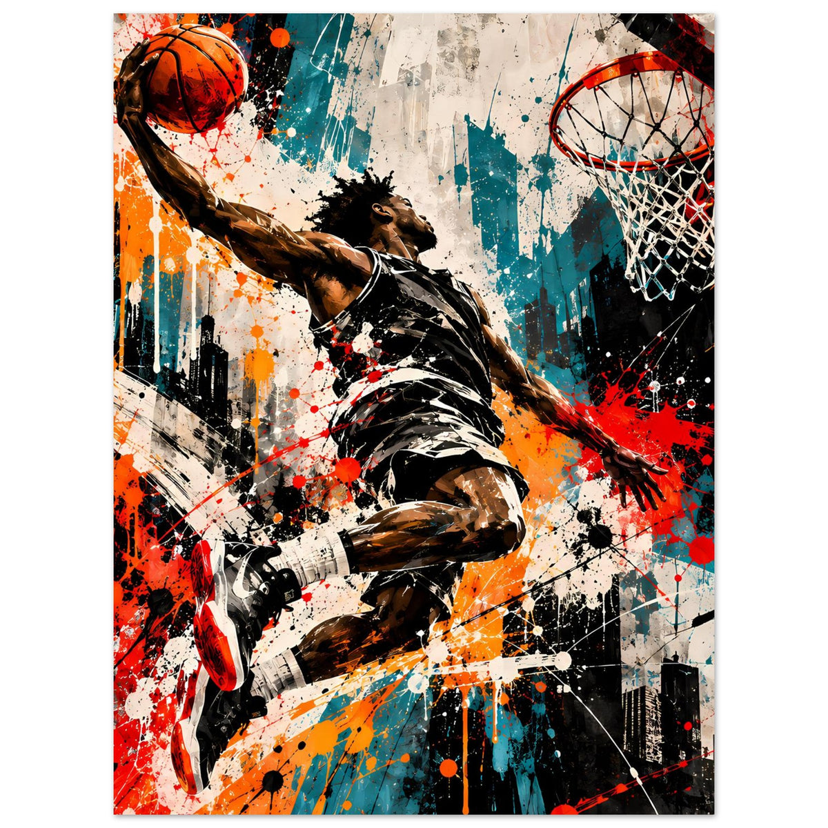 Basketball-Poster mit Spritzkunst-Spieler, Basketball und Korb, farbige Dynamik