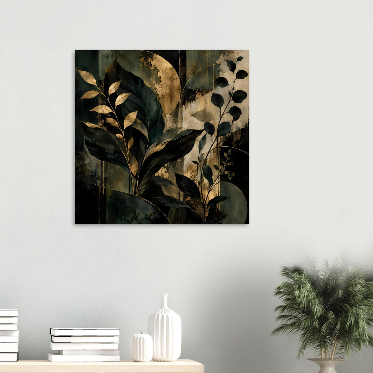 Kunstposter an der Wand: botanische Illustration in dunkelgrün, Gold und beigen Flächen
