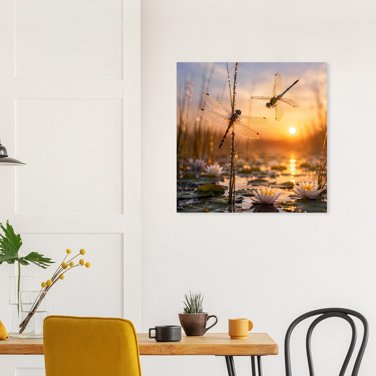 Gerahmtes Poster mit mehreren Libellen über Seerosen bei Sonnenuntergang