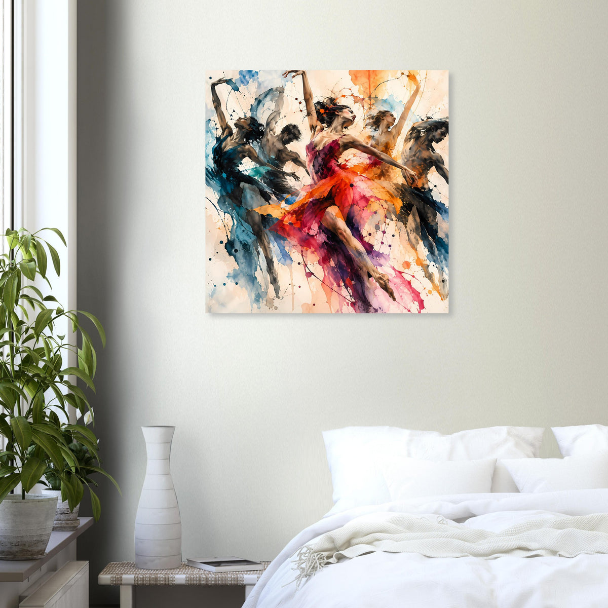 Quadratischer Kunstdruck mit abstrakter Tänzerin, Farbspritzer in Blau, Rot und Orange.