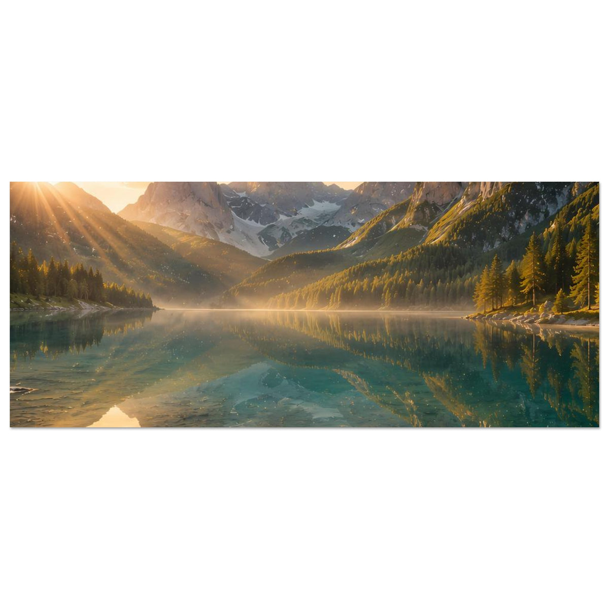 Kunstdruck-Poster quer: Bergsee bei Sonnenaufgang mit klarer Spiegelung im Wasser