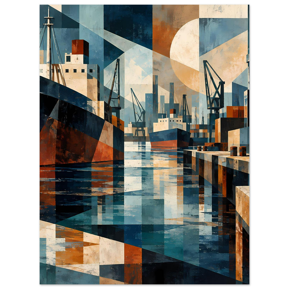 Geometrisches Hafenposter mit Wasserfläche, Docks und Kranen in Blau- und Brauntönen