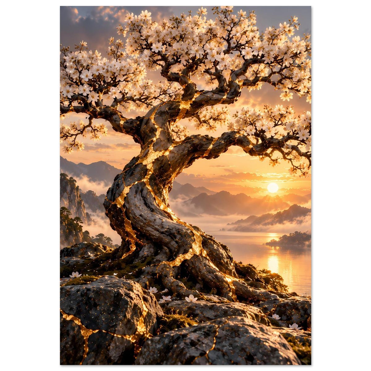 Hochformat-Wandposter: massiver Stamm mit Blütenkronen und warmem Sonnenlicht