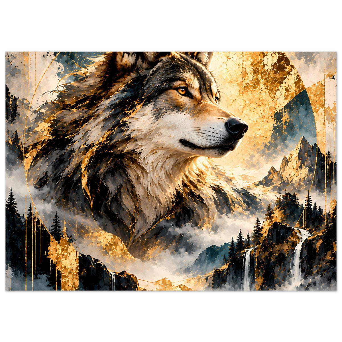 Wolfs-Artposter im Querformat mit Wolfskopf, Goldtönen und Berglandschaft mit Nebel