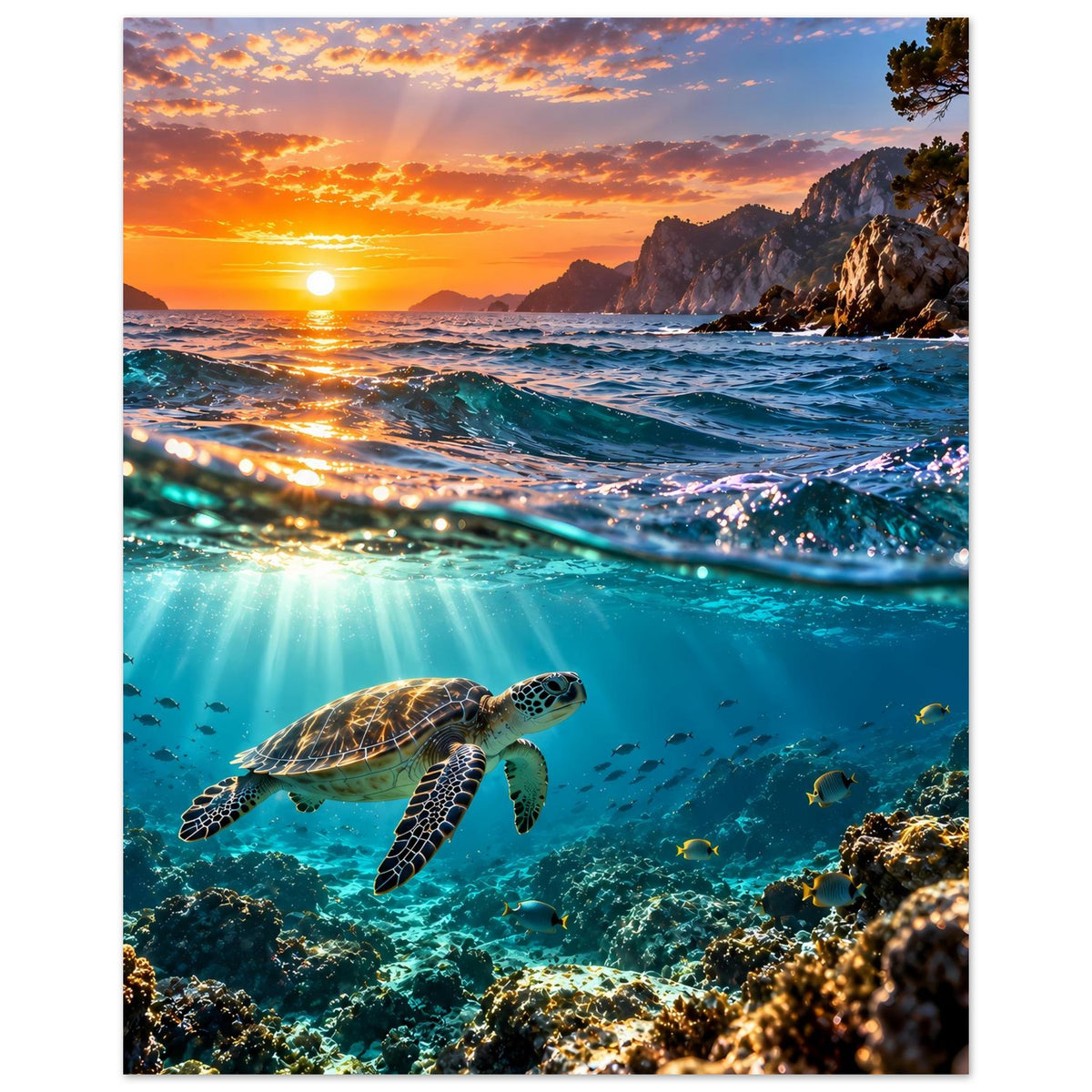 Wandposter im Hochformat mit Meeresschildkröte im Wasser und Küstenlandschaft