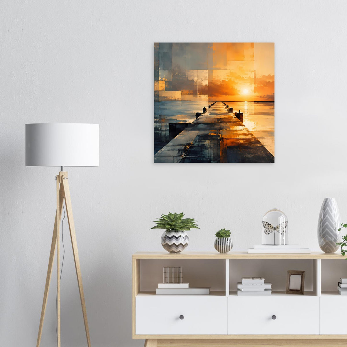 Rechteckiges Wandposter mit abstraktem Steg und Sonnenuntergang am Meer in Blau-Orange