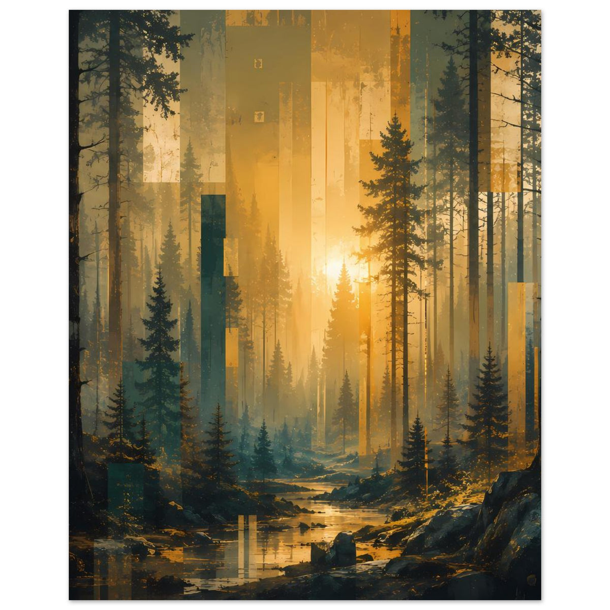 Poster Waldlandschaft: Nadelbäume, goldene Lichtstrahlen und ruhiges Wasser im Tal