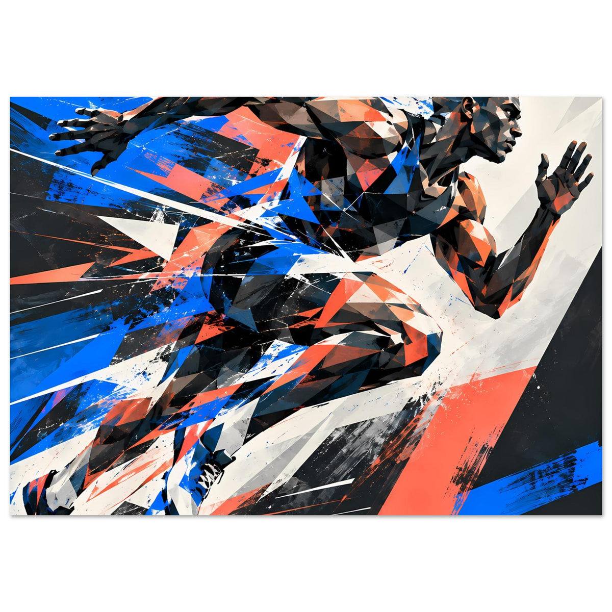 Dynamisches Läuferposter (quer) mit abstrakter Silhouette und Pinselakzenten in Blau und Orange