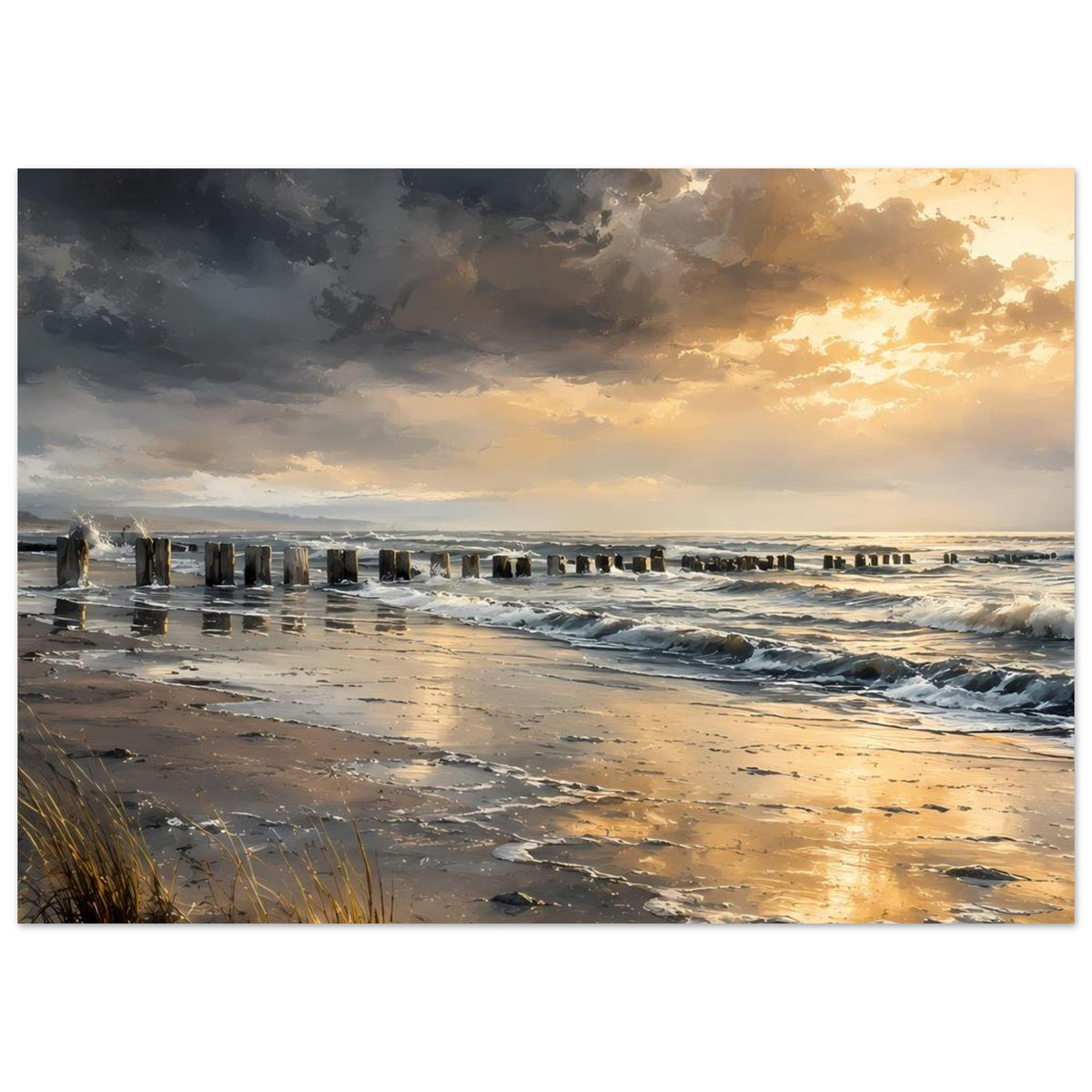 Strandbild-Poster mit goldenem Licht, bewölktem Himmel, schäumenden Wellen und Sandstrand