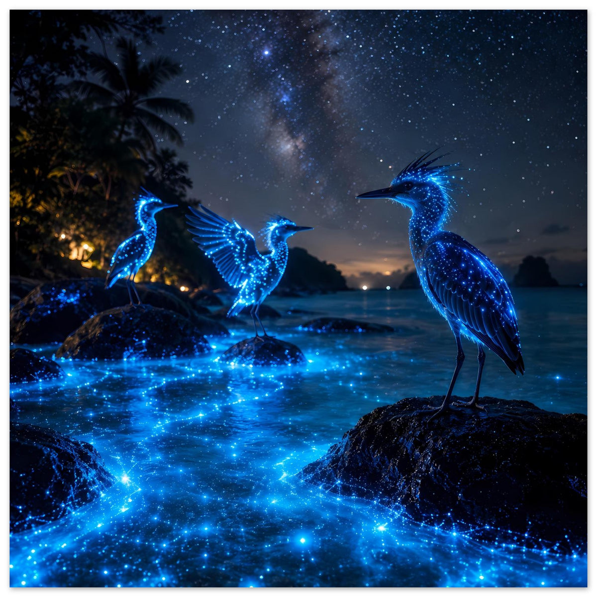 Poster mit zwei leuchtenden blauen Nachtvögeln, galaktische Lichtpunkte im Wasser