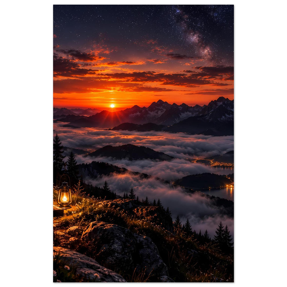 Vertikales Landschaftsposter mit Sonnenaufgang über Bergtal und See, Sternenhimmel