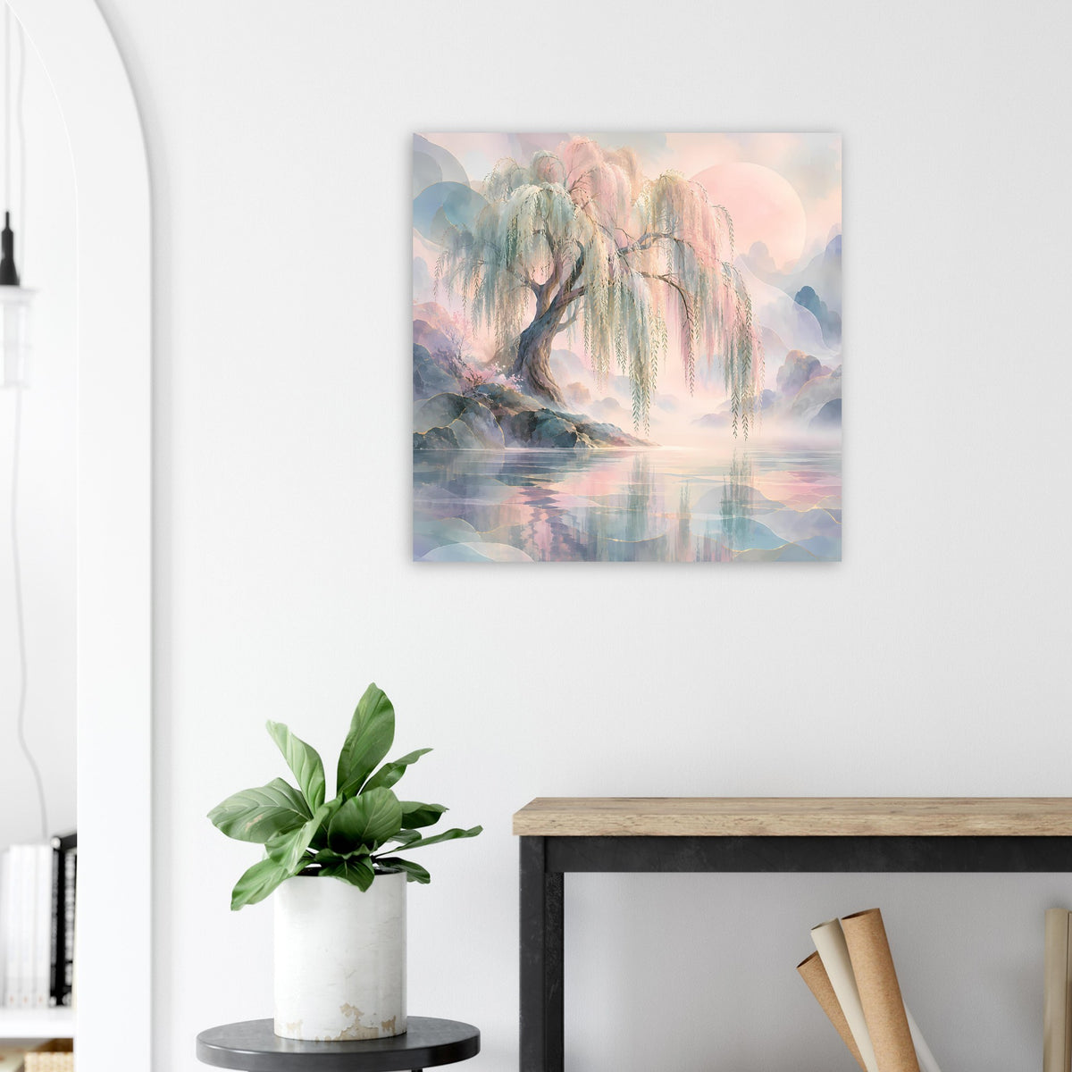 Naturposter mit Trauerweide im Pastell, See-Reflexion und sanften Farbübergängen