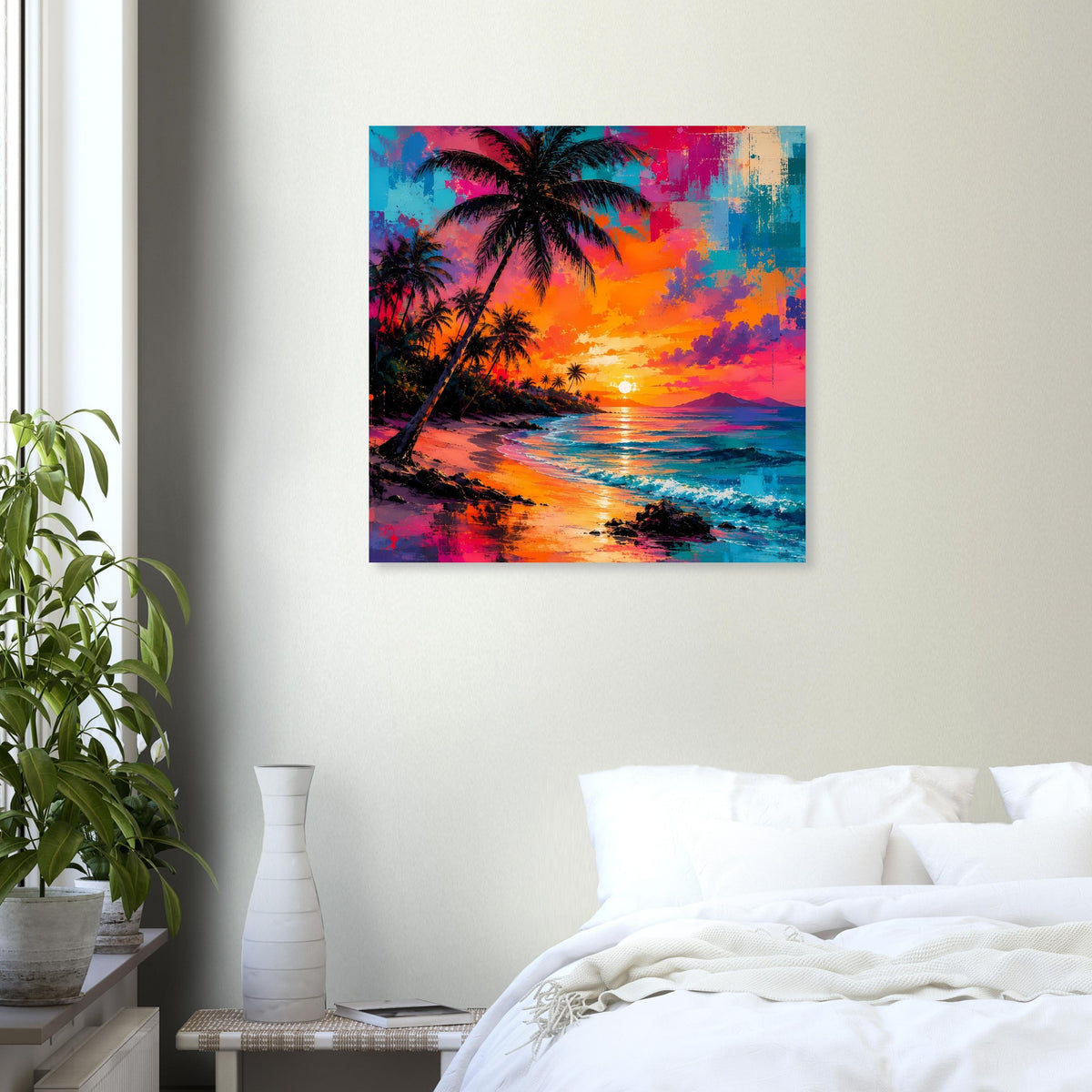Quadratisches Wandposter mit Palmen am Strand, orange-blaues Licht auf der Wasseroberfläche.