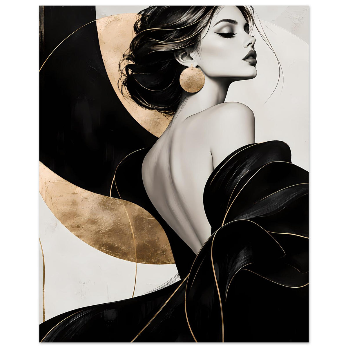 Poster im Hochformat: Frau im Profil mit goldenem Ohrring, schwarzer Federkragen, elegante Linien.