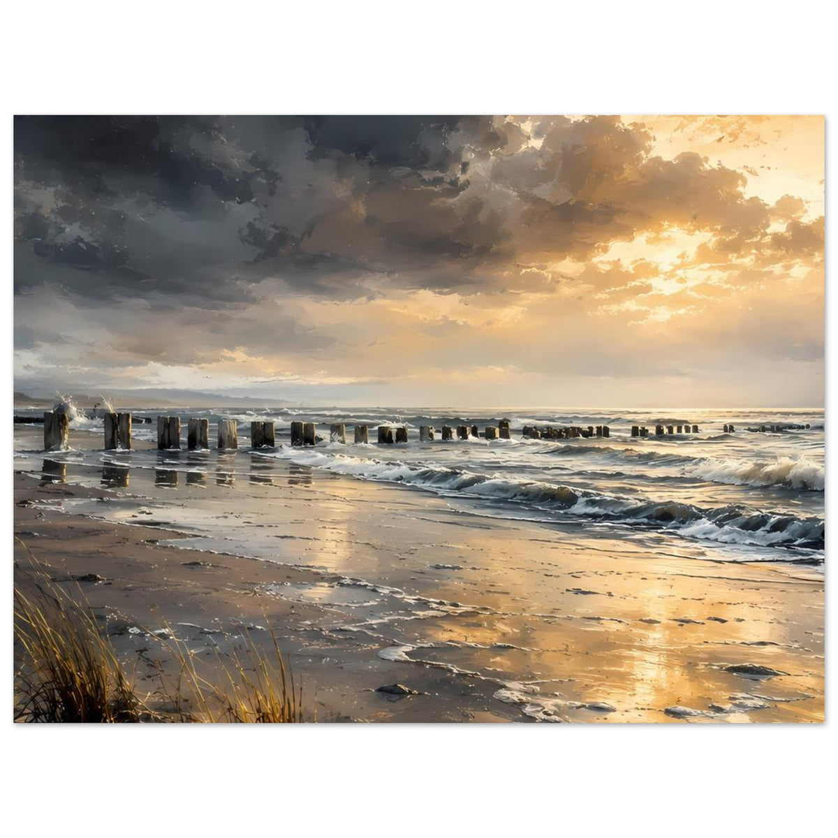Poster mit Strand bei goldenem Sonnenuntergang, Wellen und Reihe von Holzpfählen