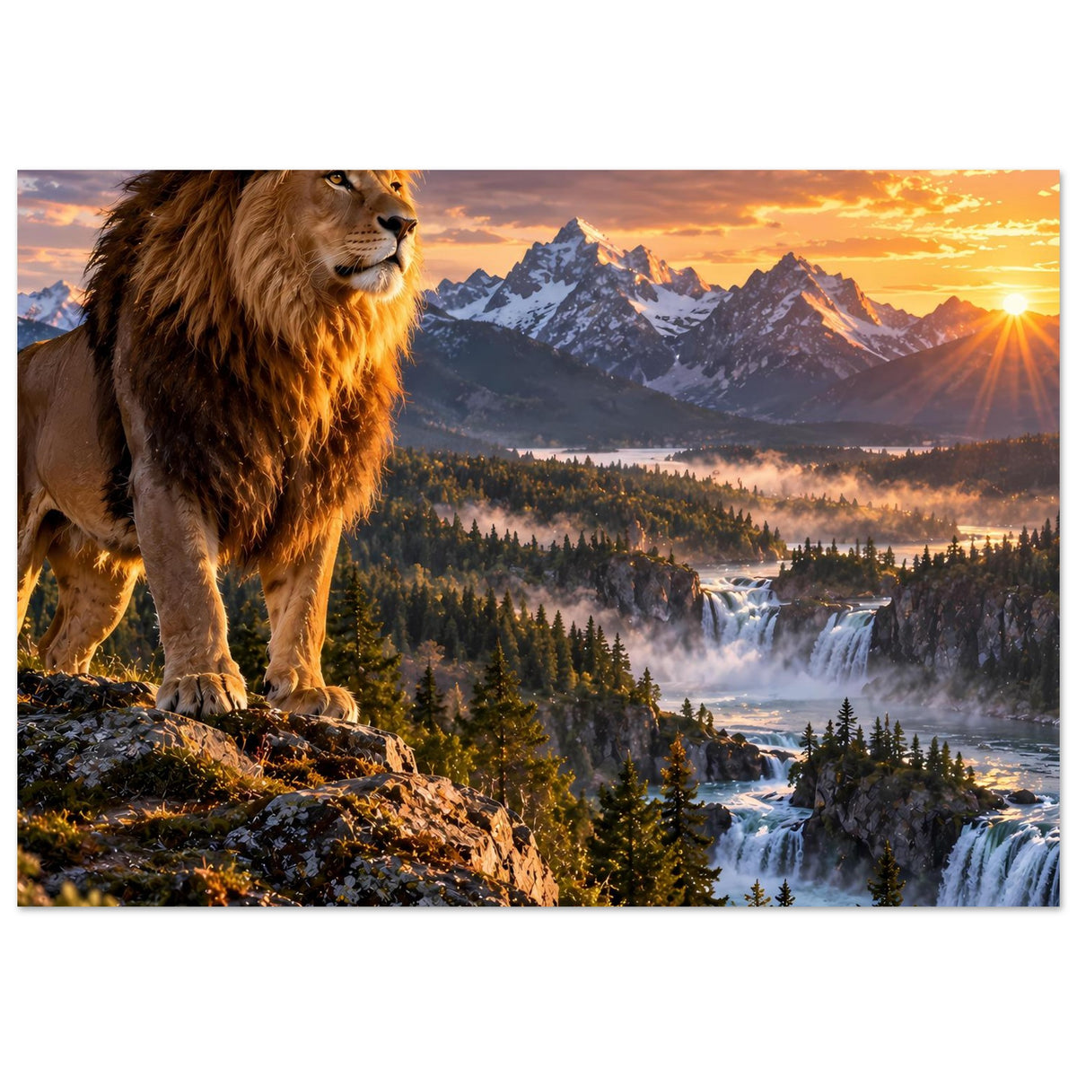 Löwenmotiv Poster im Querformat: Löwe am linken Rand, Sonnenaufgang über Bergen und Fluss