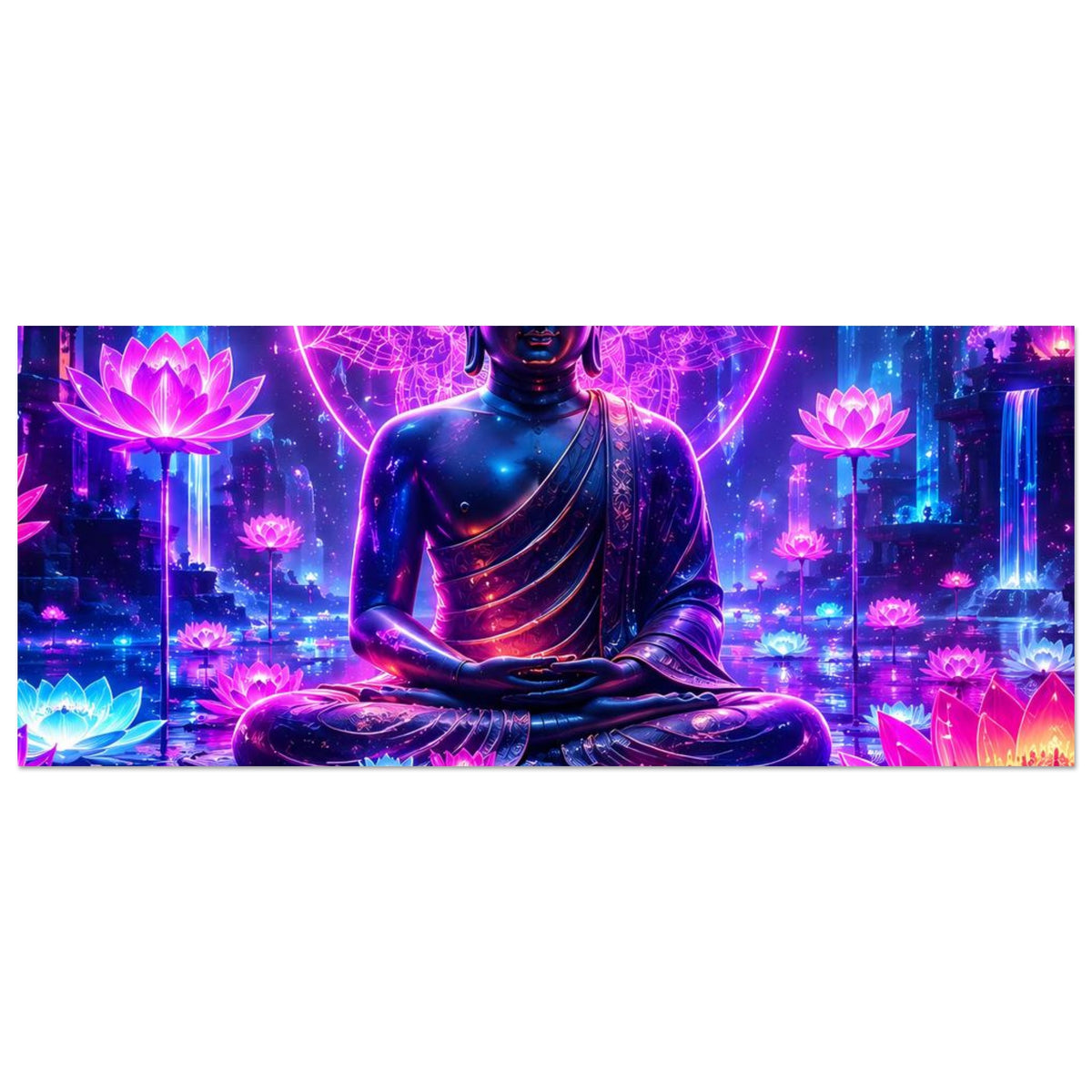 Buddha-Meditationsposter (quer): Teilansicht mit sitzendem Buddha und leuchtenden Lotusblüten