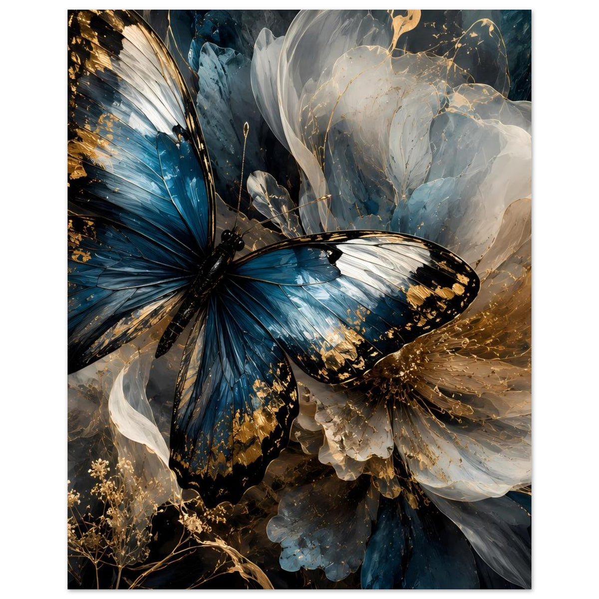 Luxuriöses Premium-Poster mit blauem Schmetterling und weißen Flügeln, goldfarbene Akzente