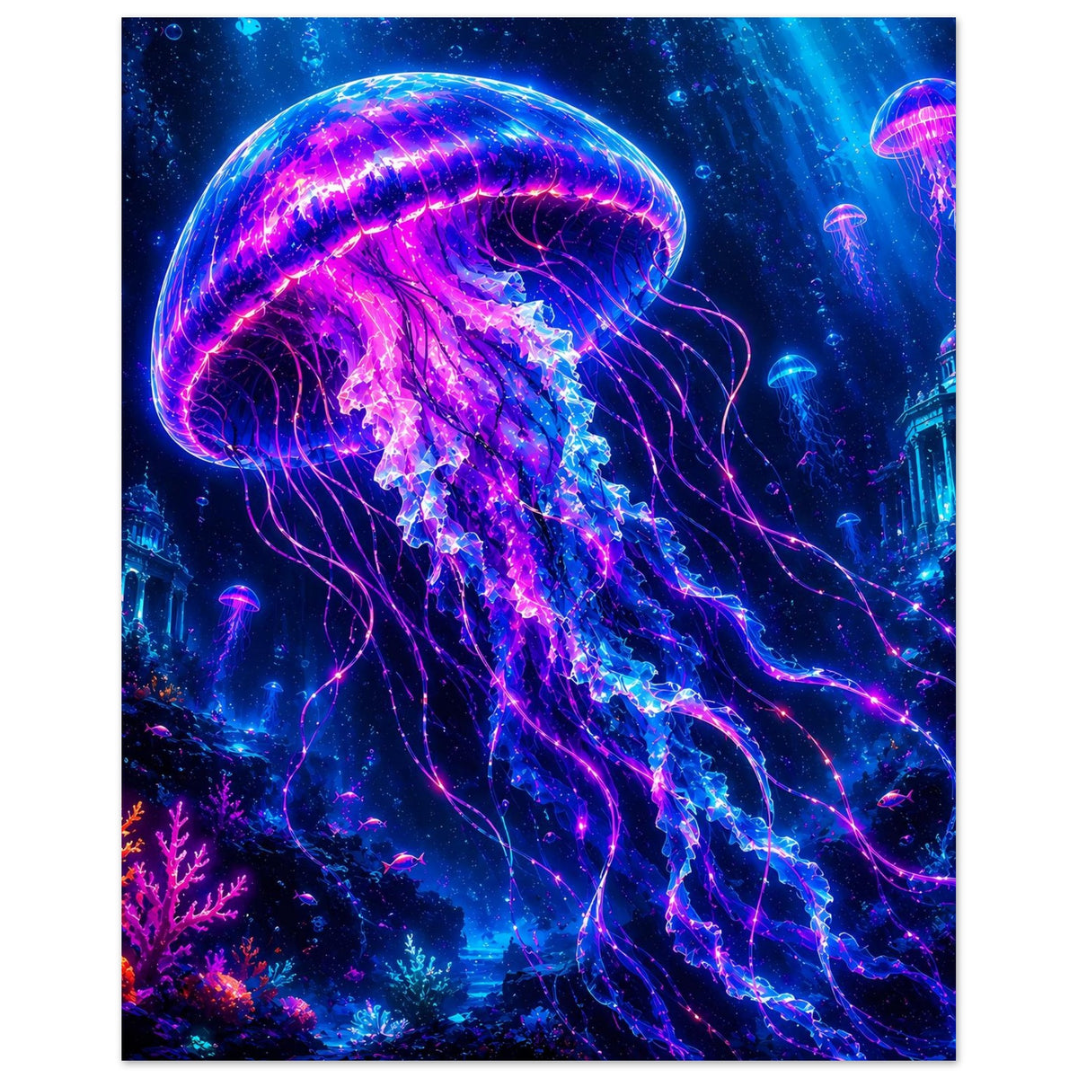 Poster mit leuchtender Qualle, violette Kuppel und blaue Tentakel, leuchtender Untergrund