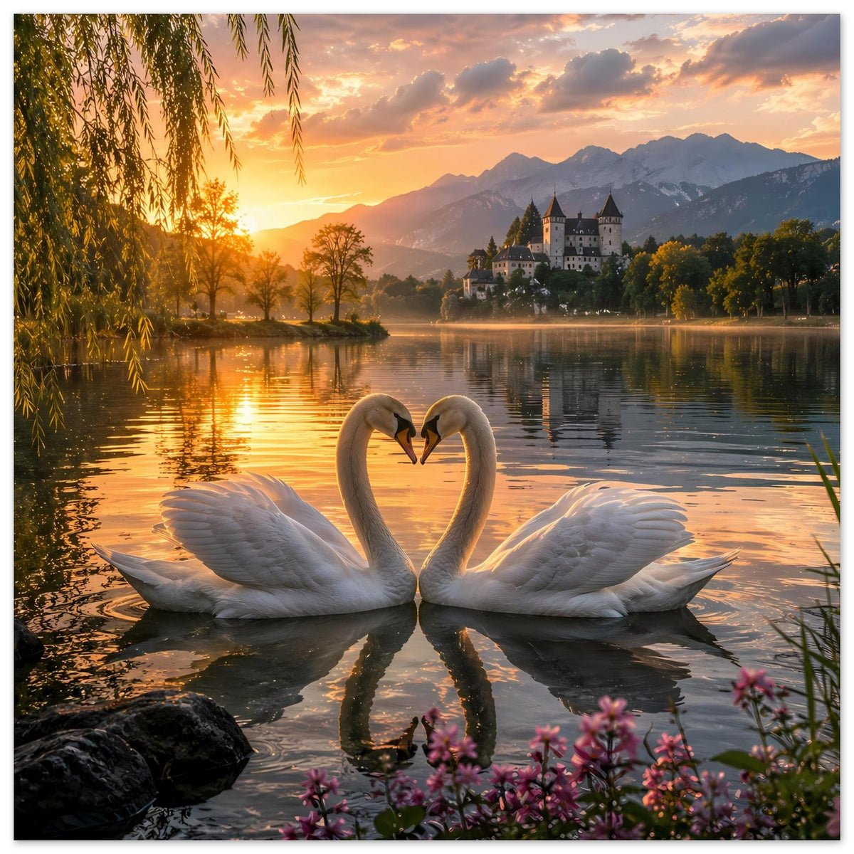 Poster: zwei Schwäne formen ein Herz, im Abendhimmel über See mit Schloss im Hintergrund