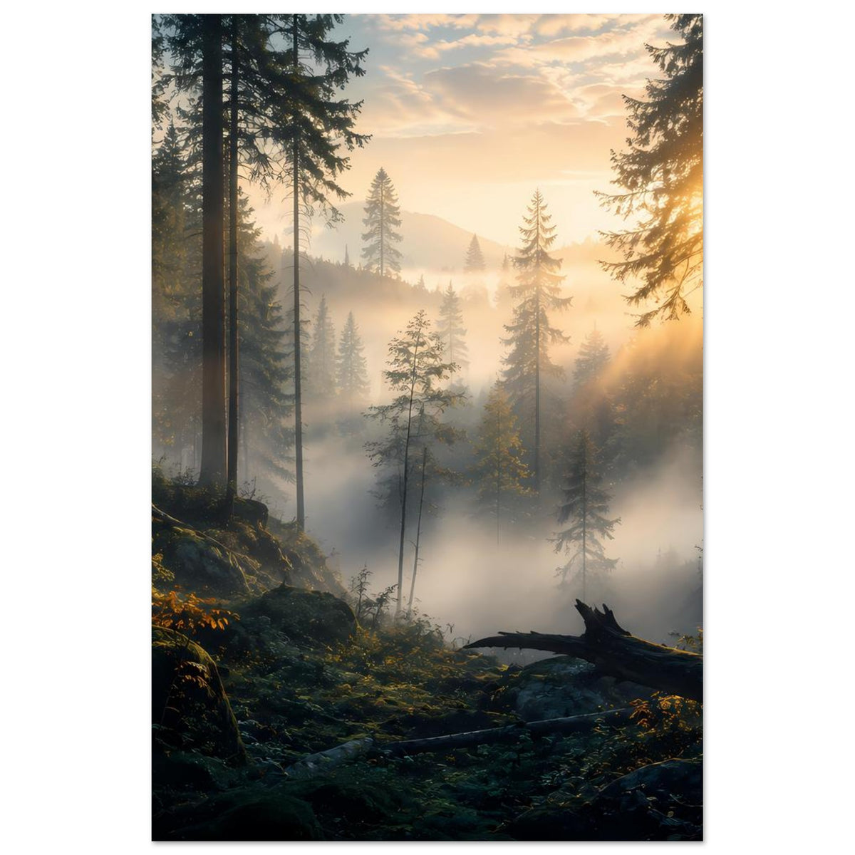 Wandposter Wald bei Dämmerung: Tannen im Vordergrund, Morgennebel, warmes Licht
