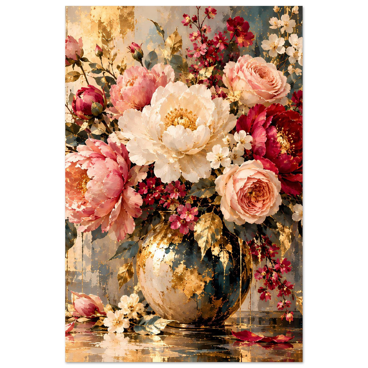 Vertikales Blumenposter mit Blumenstrauß in Vase, Pastellrosa, Creme, dunkles Rot und goldene Blätter