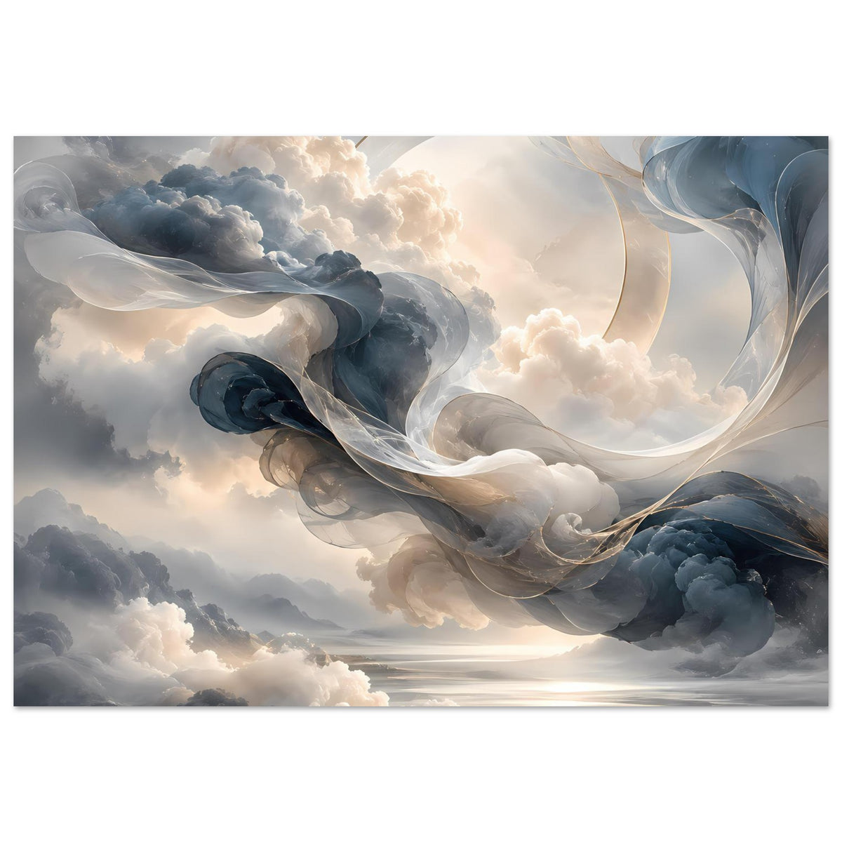 Abstraktes Himmelsposter im Querformat: sanfte Wolkenwolken mit geschwungenen Bändern