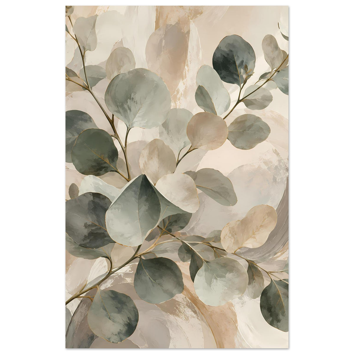 Botanisches Poster im Hochformat: Aquarellblätter in Salbeigrün, Beige und Grau