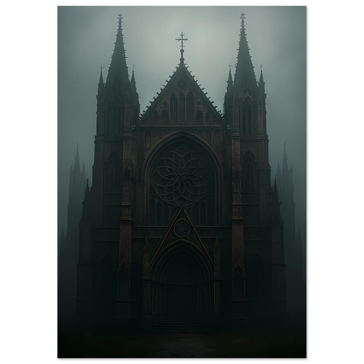 Gotisches Kathedralen-Poster mit großen Rundbogenfenstern und Türmchen, Hochformat