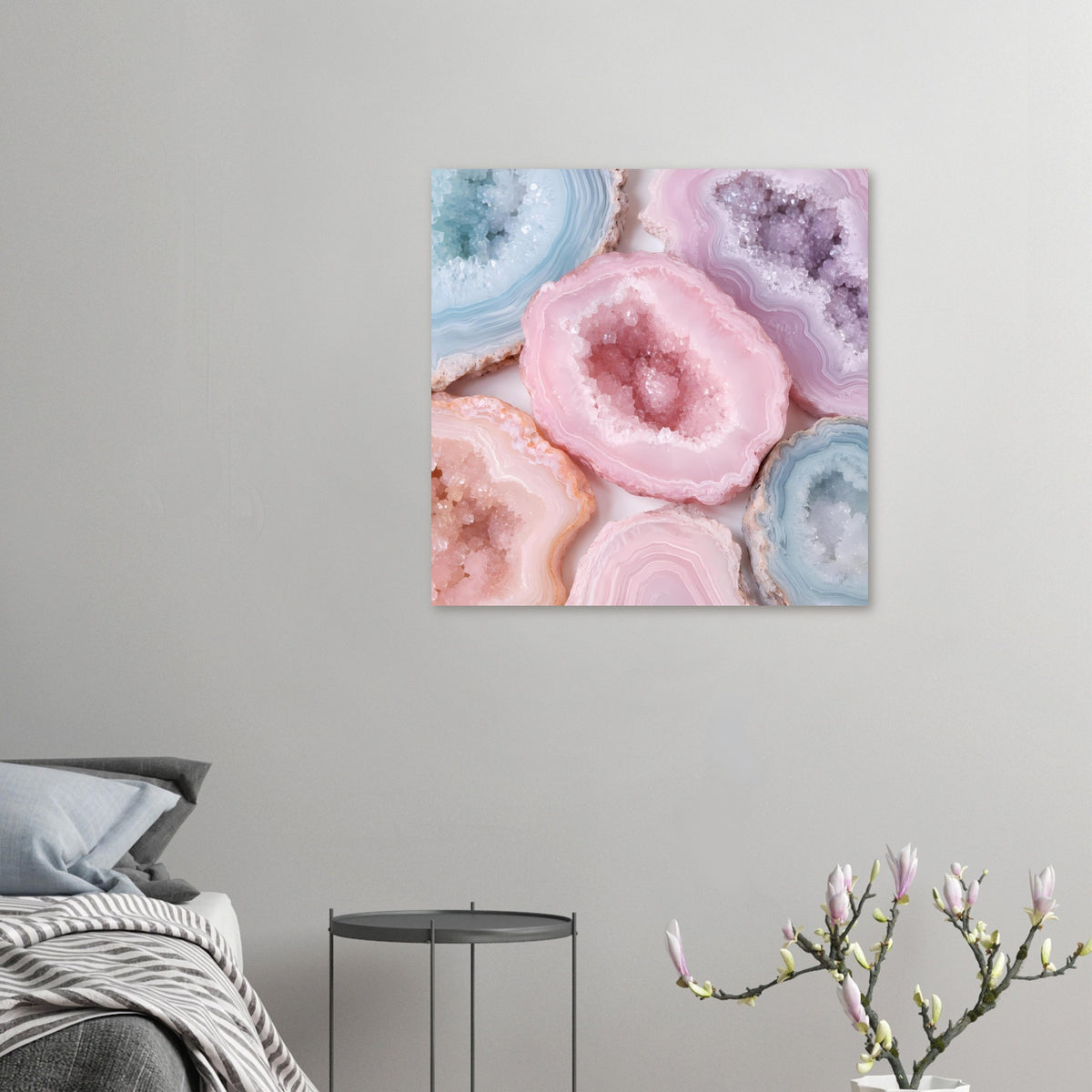 Poster mit pastellfarbenen Kristallgeoden in Rosa, Hellblau und Violett