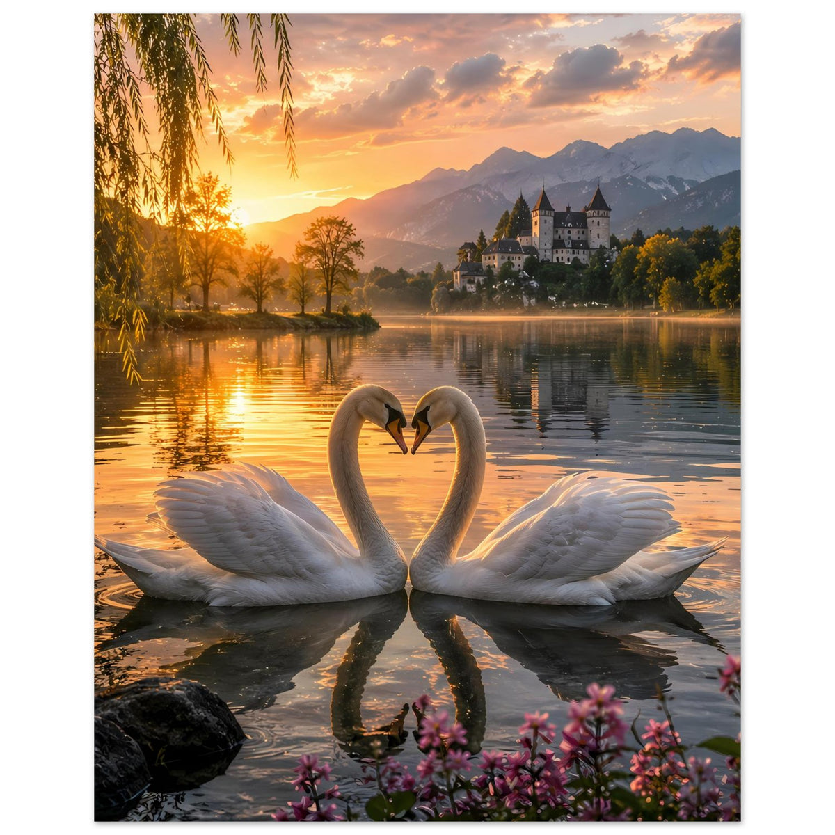 Poster: zwei Schwäne im Herzbild, Sonnenuntergangslandschaft mit Blumen im Vordergrund