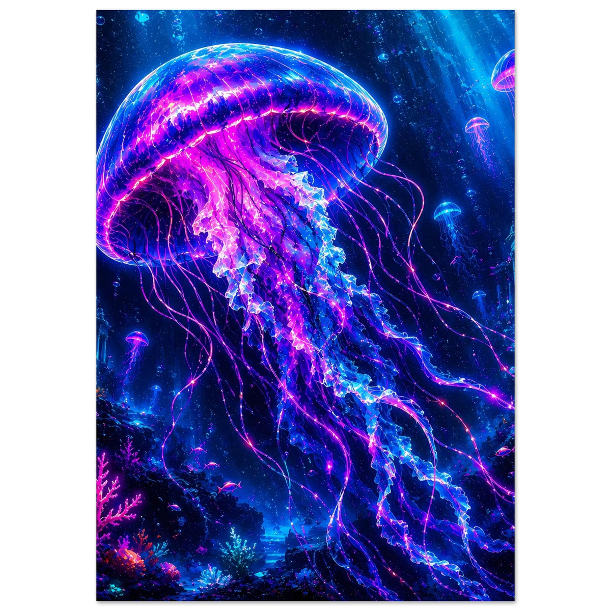 Poster mit leuchtender Qualle, violette Lichtkonturen und glühende Tentakel im Unterwasser-Design