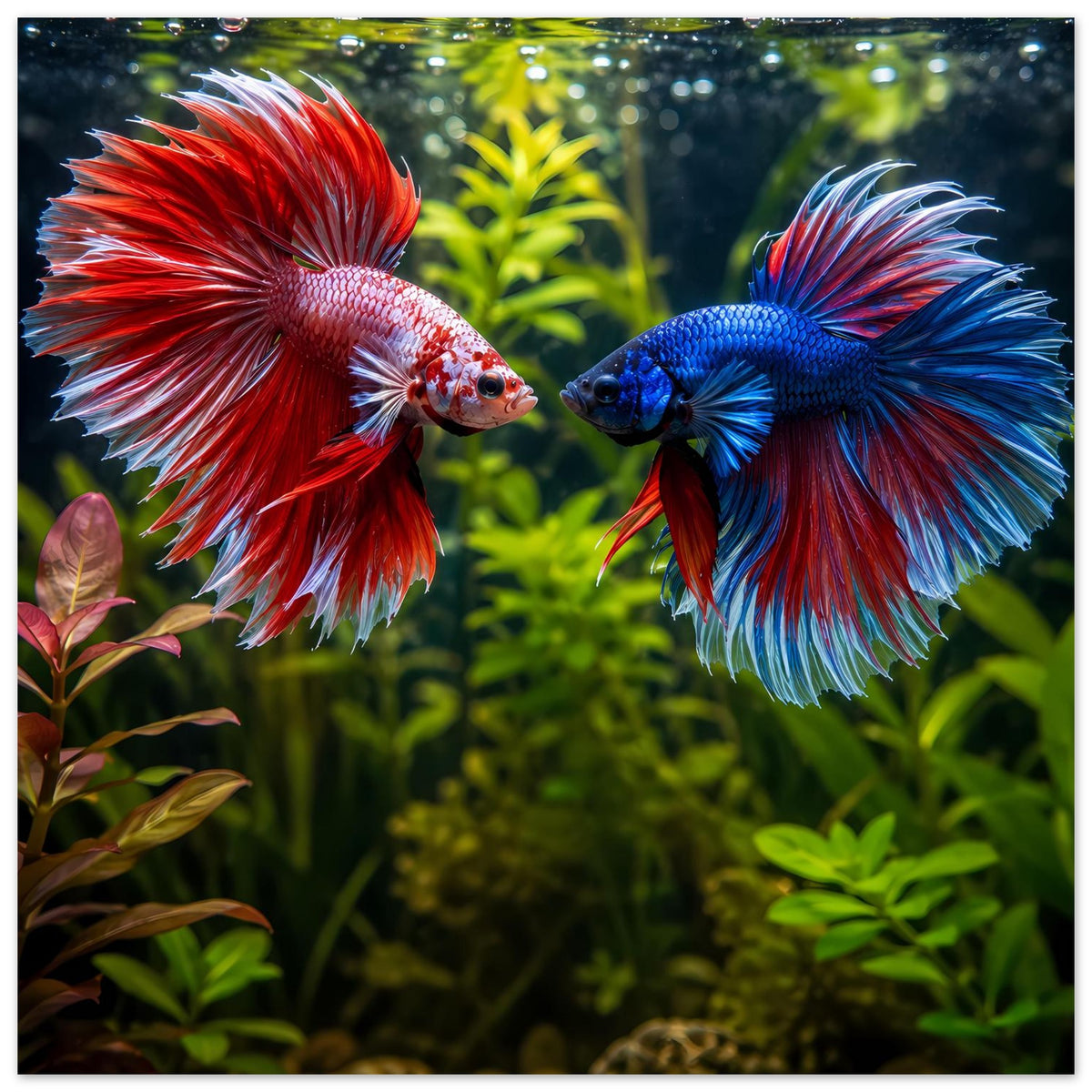 Poster mit zwei Betta-Fischen, roter und blauer Flosse, Hochformat mit vielen Details