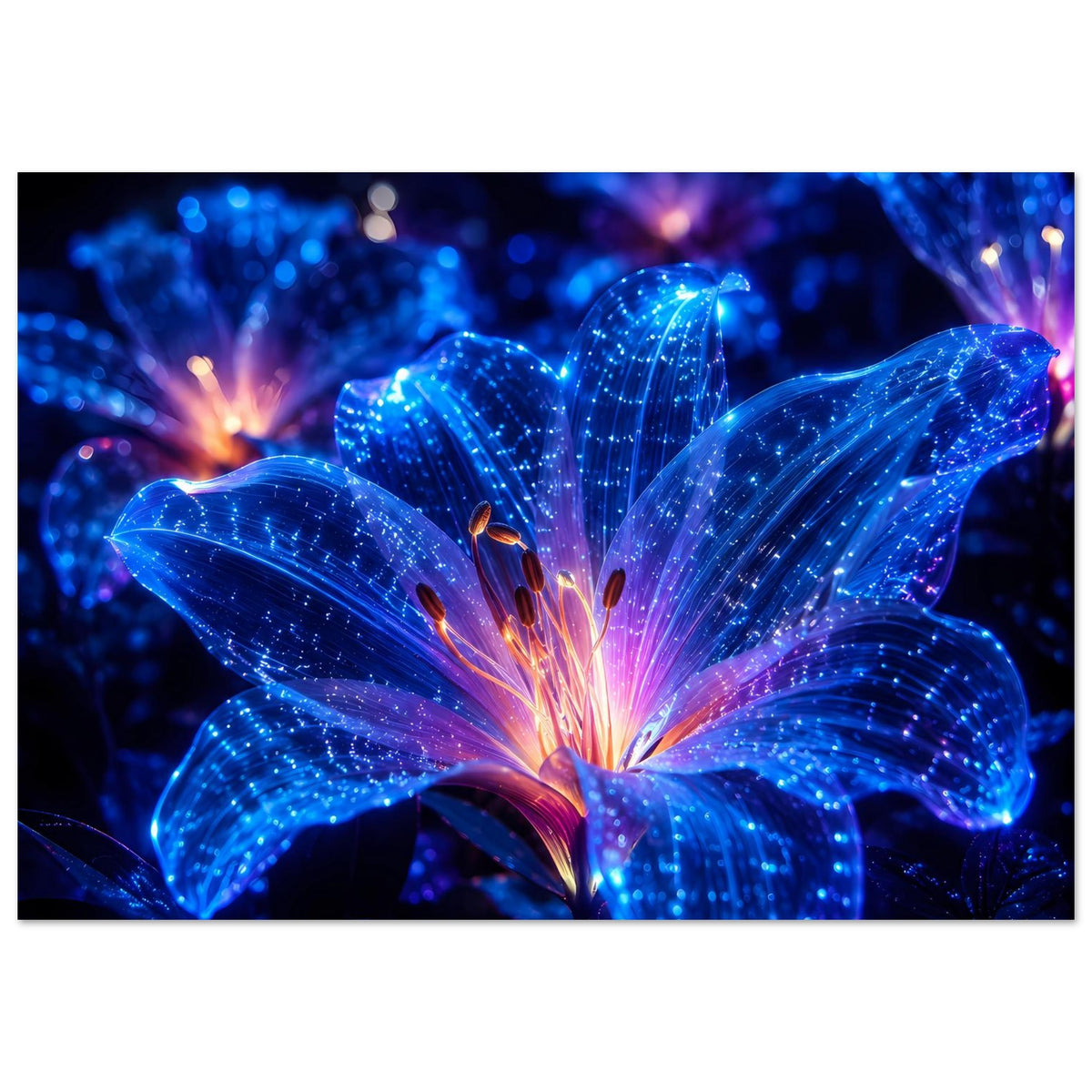 Leuchtendes Blumenposter: blau leuchtende Blüte mit funkelnden Lichtlinien und orangefarbenem Zentrum