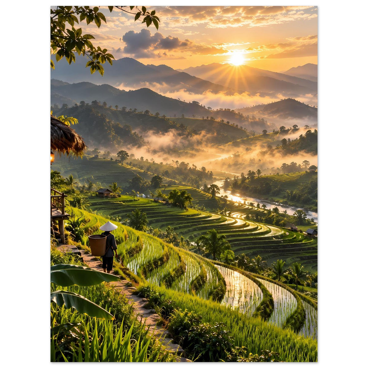 Naturposter mit Sonnenaufgang über terrassierten Reisfeldern und Nebel im Tal