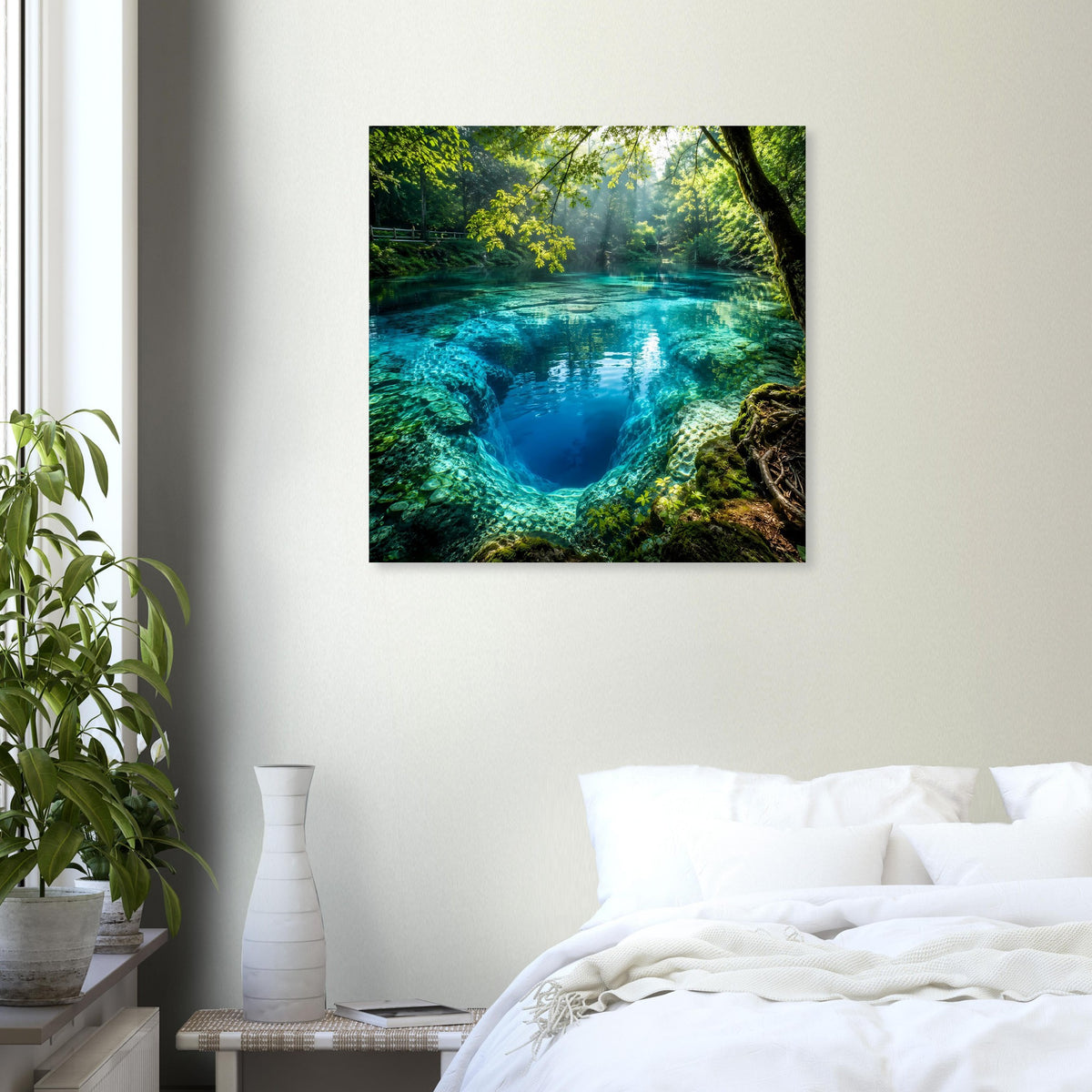 Quadratisches Poster im schwarzen Rahmen mit Blick auf ruhigen Waldsee und grüne Ufervegetation