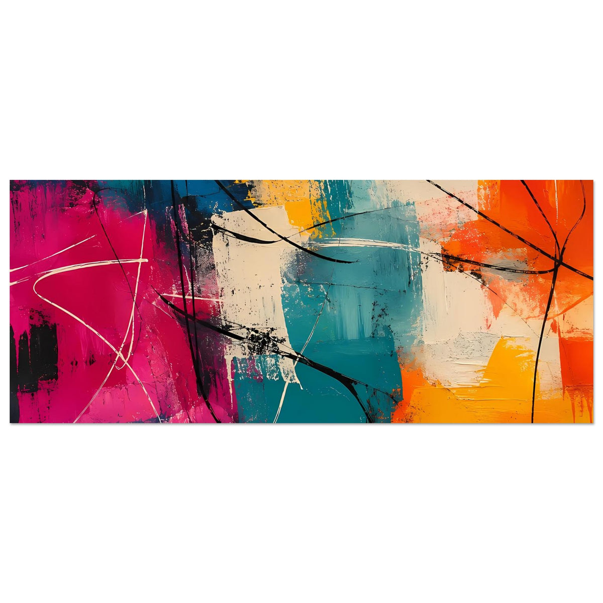 Abstraktes Kunstposter (Querformat, Panorama) mit Farbverläufen in Pink, Blau, Gelb und Schwarz